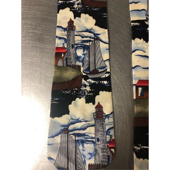 🌼5for$25🌼Beans McGee. Mens Silk Lighthouse and Boat Designer Dress Tie - Picture 2 of 8